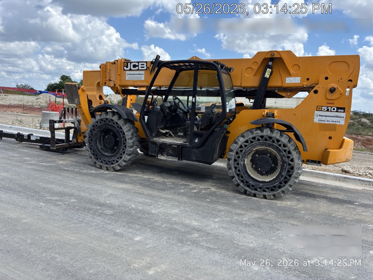 2019 JCB 510-56 Open ROPS, 74 HP, Solid Tires, Worklights, Beacon, Aux Hydraulics, Lifting Eye 66" Carriage/60" Forks