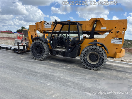 2019 JCB 510-56 Open ROPS, 74 HP, Solid Tires, Worklights, Beacon, Aux Hydraulics, Lifting Eye 66" Carriage/60" Forks
