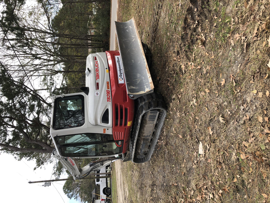 2019 Takeuchi TB290 Cab, AC, Rubber Tracks, Dozer Blade, Travel Alarm, Control Pattern Change Valve, Auxiliary Hydraulics w/18" Quick Coupler Bucket with teeth, 6.2 cu. ft. capacity/24" Quick Coupler Bucket with teeth, 8.6 cu. ft. capacity/36" Quick Coupler Bucket with teeth, 13.4 cu. ft. capacity, Quick Coupler, Hydraulic Thumb Installed