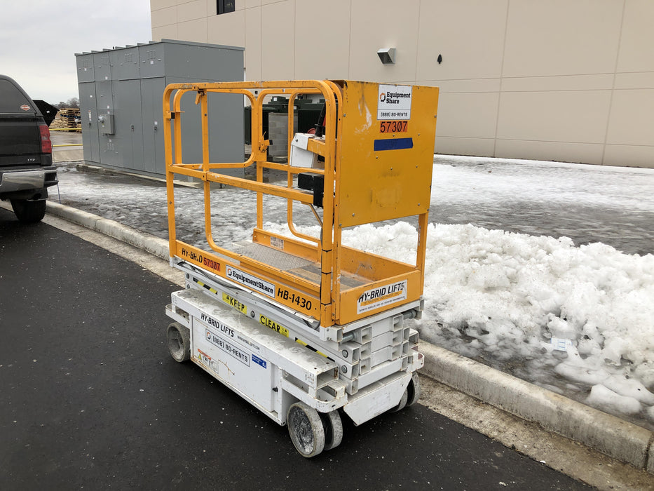 Custom Equipment HB-1430 <ul>
 <li>Hy-Brid Scissor Lift</li>
  <li>Platform capacity up to 670 lbs.</li>
  <li>Working height up to 20 ft</li>
  <li>Weighs under 1,700 lbs.</li>
  <li>Non-marking wheels </li>
</ul>
