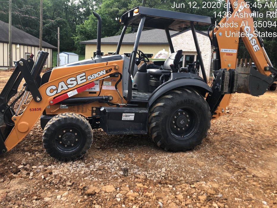 2019 Case 580N EP Canopy, 4WD, 1-Way Aux Hydraulics, Pilot Controls, Ride Control and Loader Aux Hydraulics, 900 LB. Front CWT, 82" HD LONG LIP (1 CU. YD.) W/BOCE AND LIFT EYES, FLIP OVER/STABILIZER PADS COMB