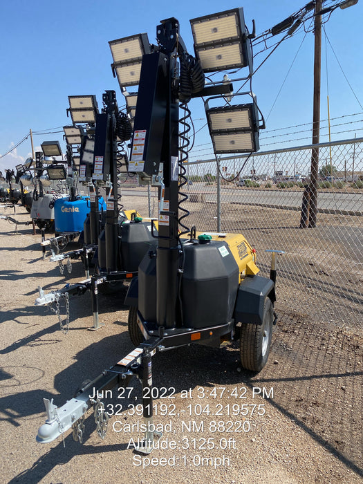 2022 Allmand NLV3GR (4) LED Light Fixture 350W, 23' Vertical Mast, 3kW Prime, Towable, Deep Sea L401, Leveling Jacks, Yanmar T4F 5.8hp