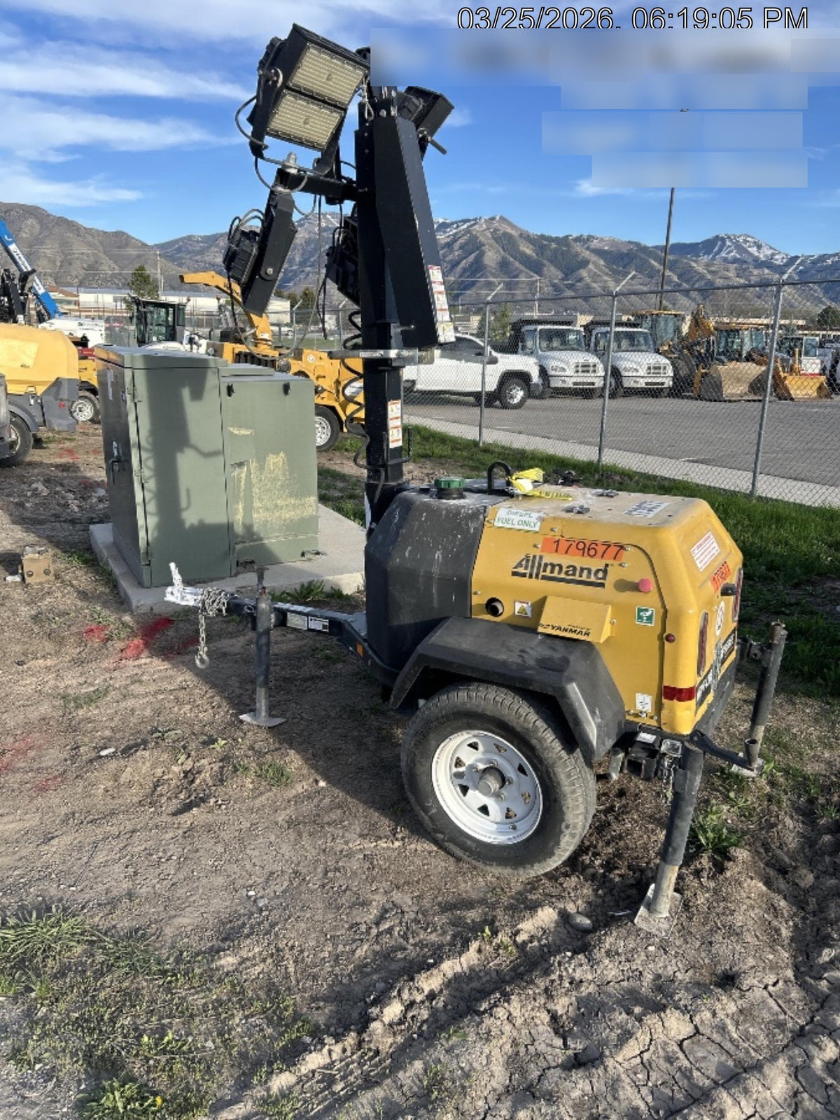 Allmand NLV3GR (4) LED Light Fixture 350W, 23' Vertical Mast, 3kW Prime, Towable, Deep Sea L401, Leveling Jacks, Yanmar T4F 5.8hp