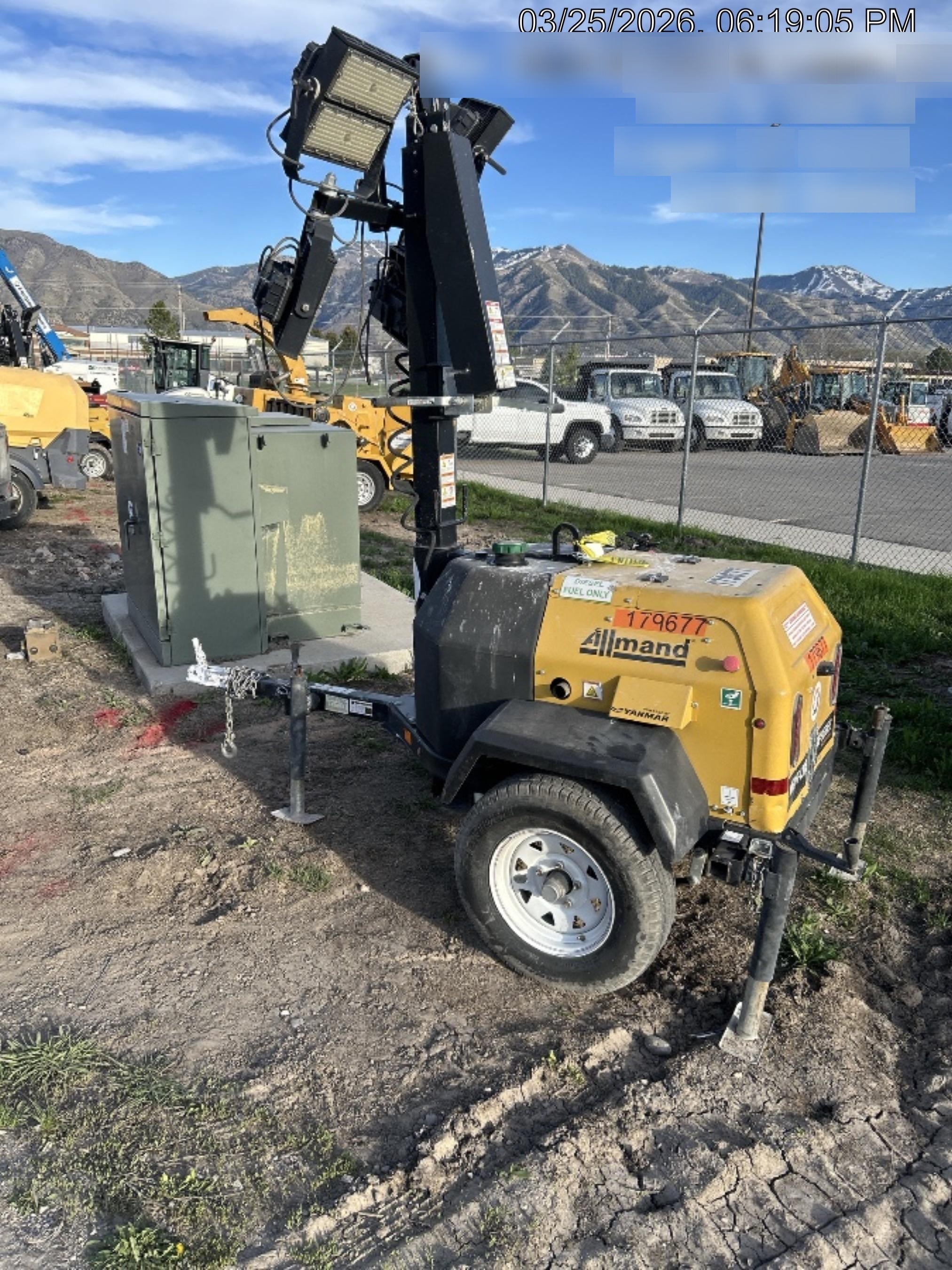 Allmand NLV3GR (4) LED Light Fixture 350W, 23' Vertical Mast, 3kW Prime, Towable, Deep Sea L401, Leveling Jacks, Yanmar T4F 5.8hp