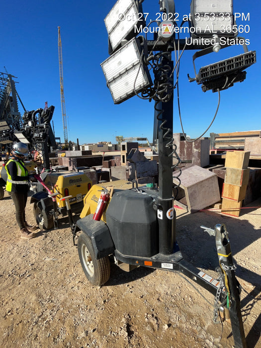 2022 Allmand NLV3GR (4) LED Light Fixture 350W, 23' Vertical Mast, 3kW Prime, Towable, Deep Sea L401, Leveling Jacks, Yanmar T4F 5.8hp