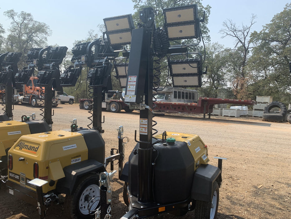 Allmand NLV3GR (4) LED Light Fixture 350W, 23' Vertical Mast, 3kW Prime, Towable, Deep Sea L401, Leveling Jacks, Yanmar T4F 5.8hp