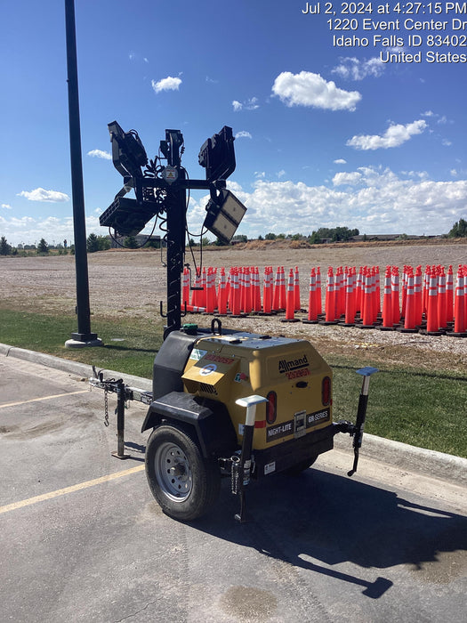 2022 Allmand NLV3GR (4) LED Light Fixture 350W, 23' Vertical Mast, 3kW Prime, Towable, Deep Sea L401, Leveling Jacks, Yanmar T4F 5.8hp