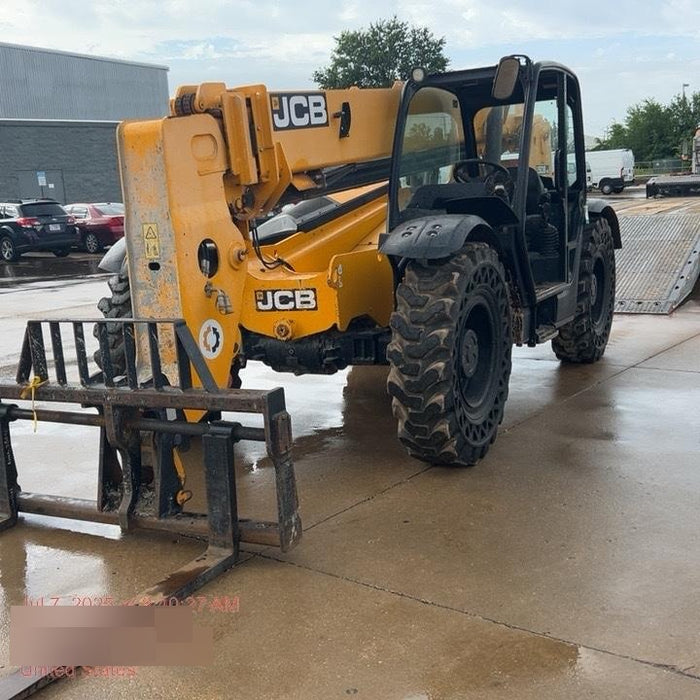 2019 JCB 509-42 74 HP w/Open ROPS, Beacon, Aux Hydraulics, LED Work lights, Solid Tires 66" Carriage/60" Forks
