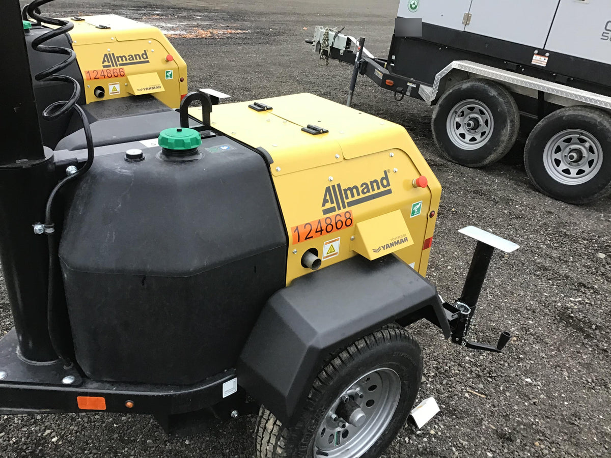 2020 Allmand NLV3GR (4) LED Light Fixture 350W, 23' Vertical Mast, 3kW Prime, Towable, Deep Sea L401, Leveling Jacks, Yanmar T4F 5.8hp