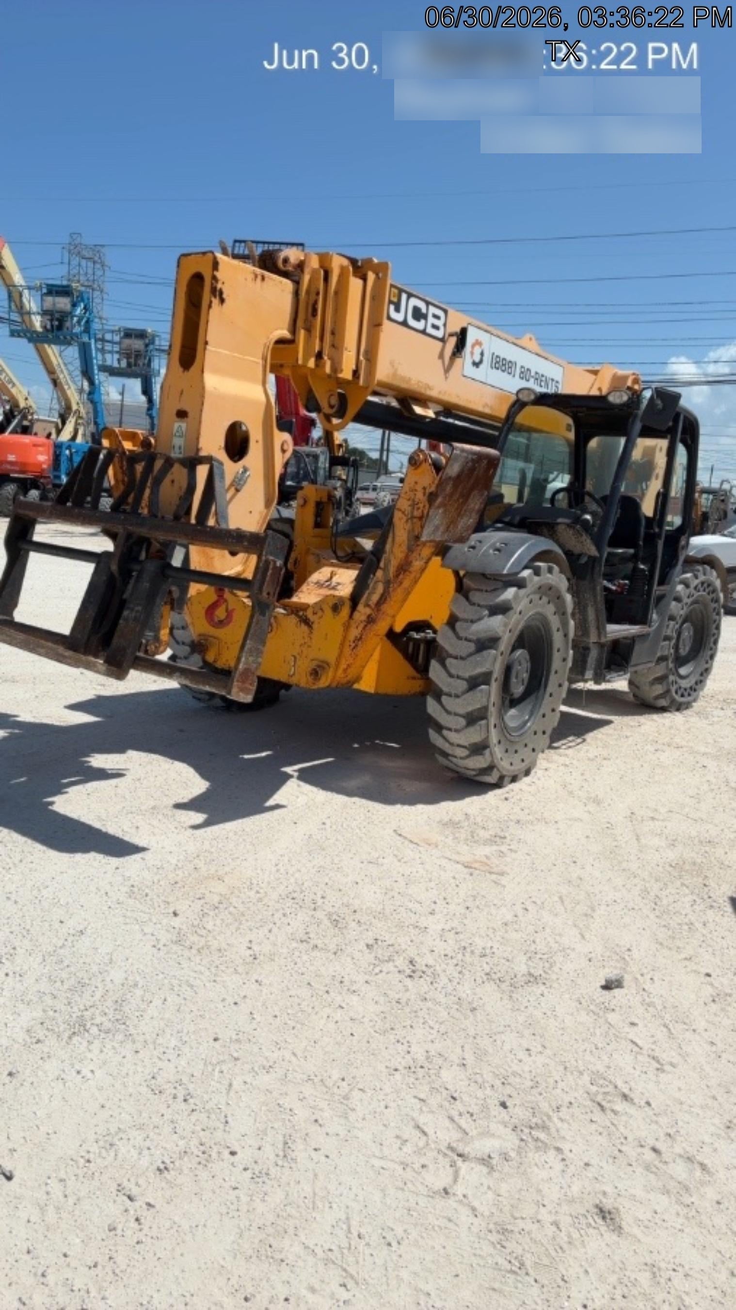 2019 JCB 510-56 Open ROPS, 74 HP, Solid Tires, Worklights, Beacon, Aux Hydraulics, Lifting Eye w/66" Carriage/60" Forks