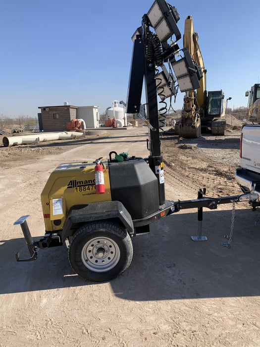 Allmand NLV3GR (4) LED Light Fixture 350W, 23' Vertical Mast, 3kW Prime, Towable, Deep Sea L401, Leveling Jacks, Yanmar T4F 5.8hp