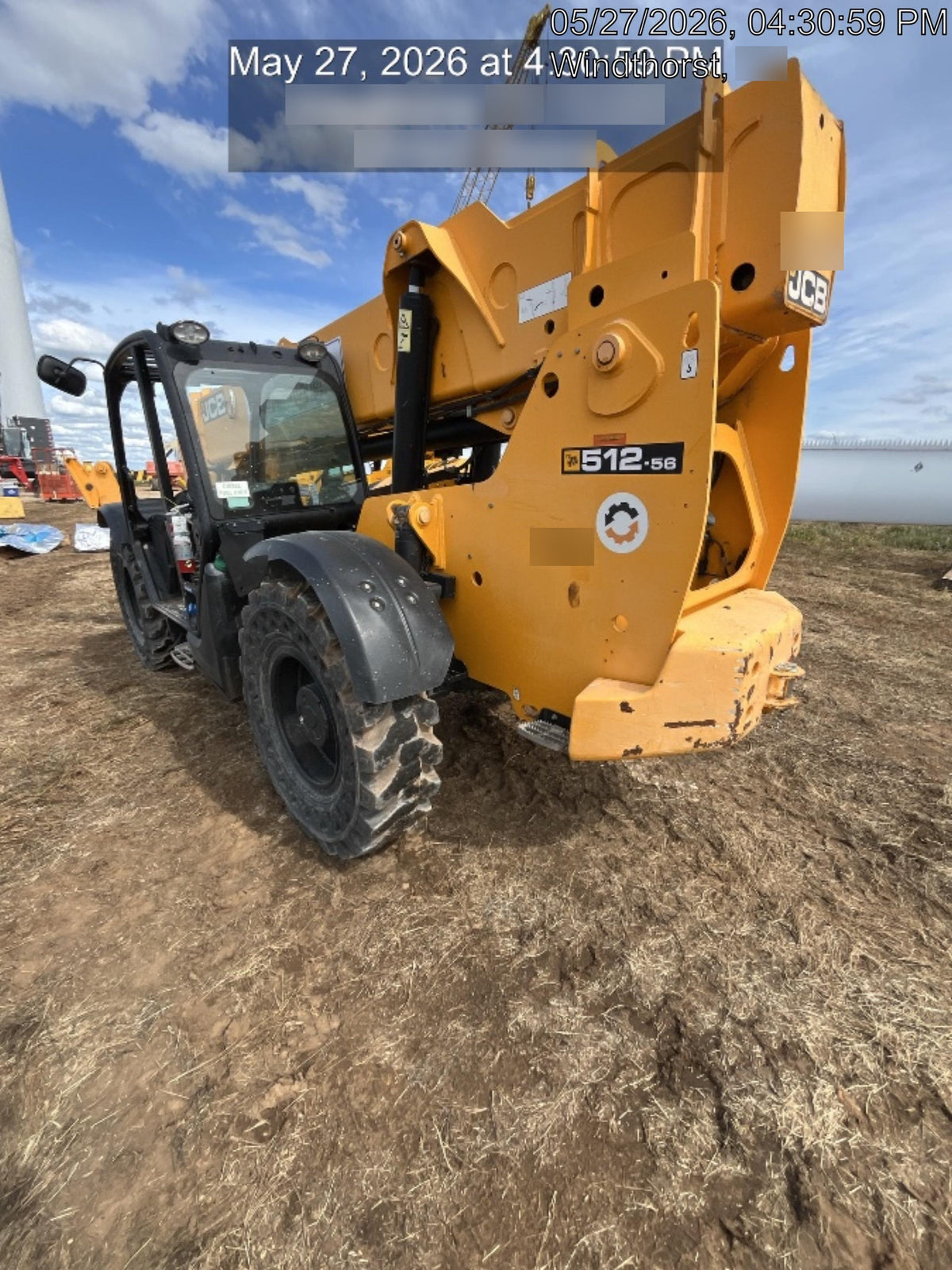 2019 JCB 512-56 109 HP w/Open ROPS, Beacon, Aux Hydraulics, Worklights, Solid Tires 60" Carriage/Forks