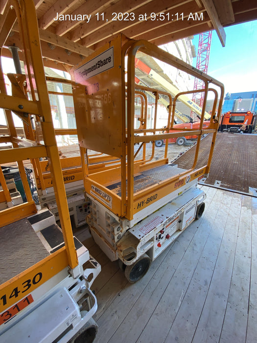 Custom Equipment HB-1430 <ul>
 <li>Hy-Brid Scissor Lift</li>
  <li>Platform capacity up to 670 lbs.</li>
  <li>Working height up to 20 ft</li>
  <li>Weighs under 1,700 lbs.</li>
  <li>Non-marking wheels </li>
</ul>