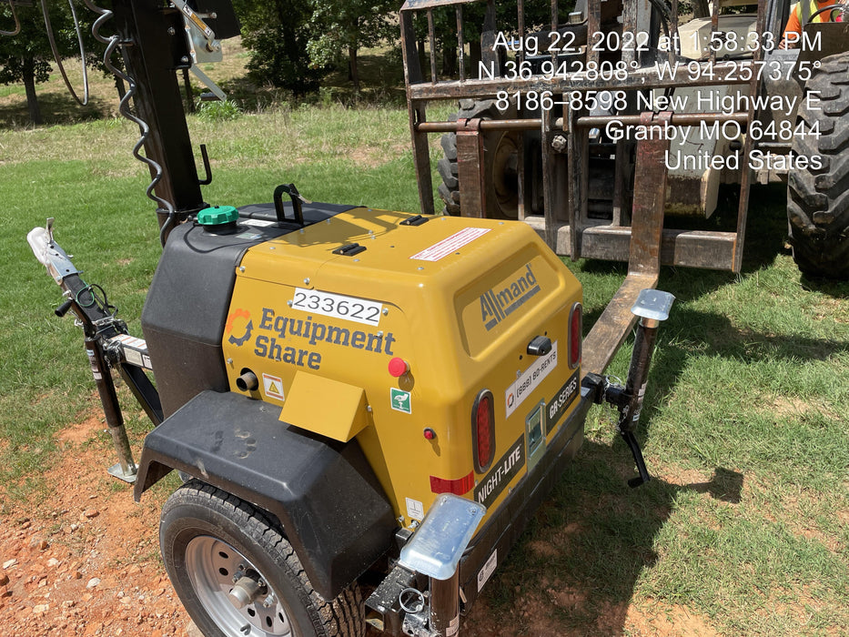 2022 Allmand NLV3GR (4) LED Light Fixture 350W, 23' Vertical Mast, 3kW Prime, Towable, Deep Sea L401, Leveling Jacks, Yanmar T4F 5.8hp