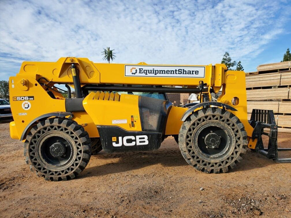 2020 JCB 506-36 Cab/Heat/Air, 74 HP, Solid Tires, STD Worklight, Beacon, Aux Hydraulics, Lifting Eye, Back up Alarm w/48" Carriage/48" Forks