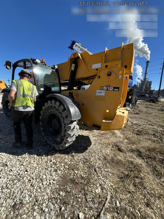 2019 JCB 512-56 109 HP w/Open ROPS, Beacon, Aux Hydraulics, Worklights, Solid Tires w/60" Carriage/Forks