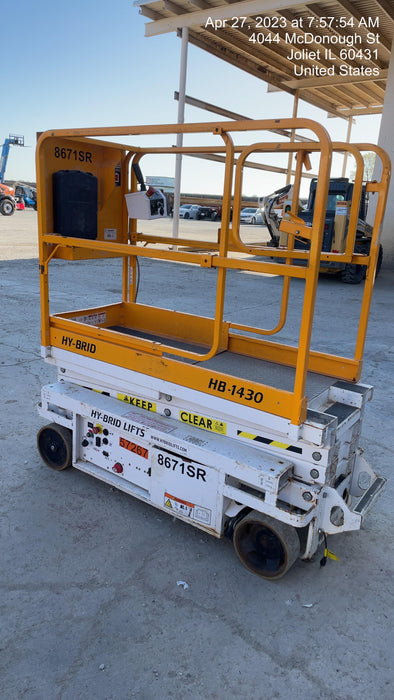 Custom Equipment HB-1430 <ul>
 <li>Hy-Brid Scissor Lift</li>
  <li>Platform capacity up to 670 lbs.</li>
  <li>Working height up to 20 ft</li>
  <li>Weighs under 1,700 lbs.</li>
  <li>Non-marking wheels </li>
</ul>