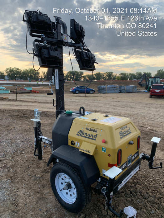 2021 Allmand NLV3GR (4) LED Light Fixture 350W, 23' Vertical Mast, 3kW Prime, Towable, Deep Sea L401, Leveling Jacks, Yanmar T4F 5.8hp