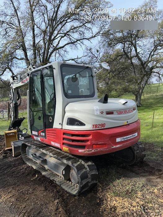 2019 Takeuchi TB290 Cab/Heat/AC Rubber tracks, Dozer blade, Travel alarm, Auxiliary hydraulics Manual QC, Hydraulic thumb, 18", 24", and 36" Buckets