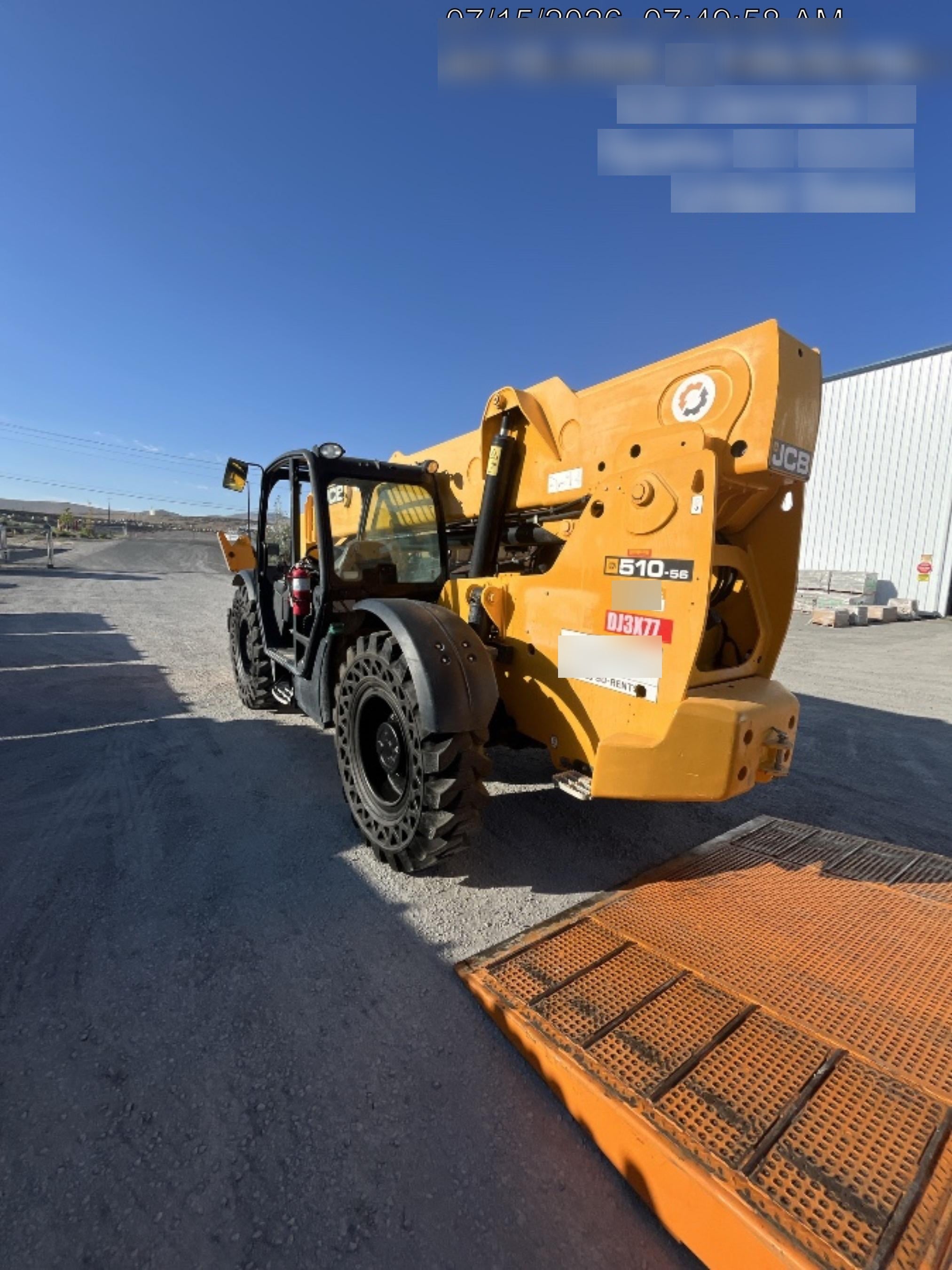2019 JCB 510-56 74 HP w/Open ROPS, Beacon, Aux Hydraulics, Worklights, Solid Tires w/60" Carriage/Forks