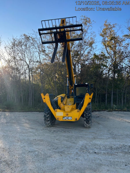 2019 JCB 510-56 Open ROPS, 74 HP, Solid Tires, Worklights, Beacon, Aux Hydraulics, Lifting Eye w/60" Carriage/60" Forks