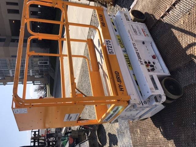 Custom Equipment HB-1430 <ul>
 <li>Hy-Brid Scissor Lift</li>
  <li>Platform capacity up to 670 lbs.</li>
  <li>Working height up to 20 ft</li>
  <li>Weighs under 1,700 lbs.</li>
  <li>Non-marking wheels </li>
</ul>