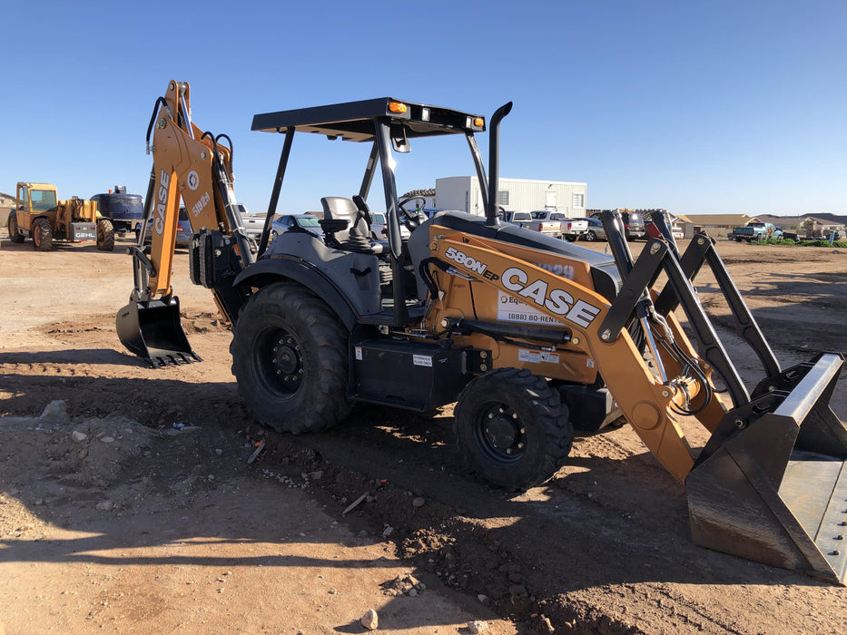 2019 Case 580N EP Canopy, 4WD, 1-Way Aux Hydraulics, Pilot Controls, Ride Control and Loader Aux Hydraulics, 900 LB. Front CWT, 82" HD LONG LIP (1 CU. YD.) W/BOCE AND LIFT EYES, FLIP OVER/STABILIZER PADS COMB
