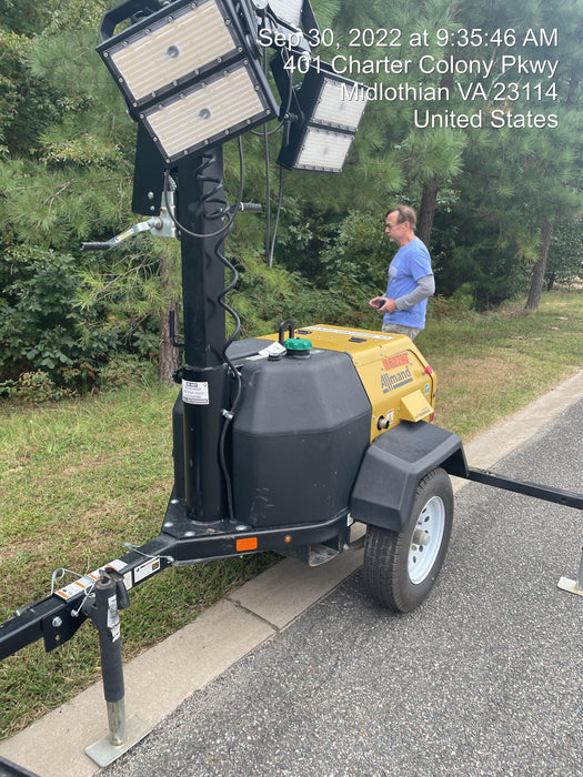 2021 Allmand NLV3GR (4) LED Light Fixture 350W, 23' Vertical Mast, 3kW Prime, Towable, Deep Sea L401, Leveling Jacks, Yanmar T4F 5.8hp