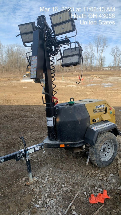 2022 Allmand NLV3GR (4) LED Light Fixture 350W, 23' Vertical Mast, 3kW Prime, Towable, Deep Sea L401, Leveling Jacks, Yanmar T4F 5.8hp