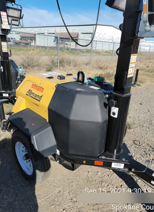 2021 Allmand NLV3GR (4) LED Light Fixture 350W, 23' Vertical Mast, 3kW Prime, Towable, Deep Sea L401, Leveling Jacks, Yanmar T4F 5.8hp
