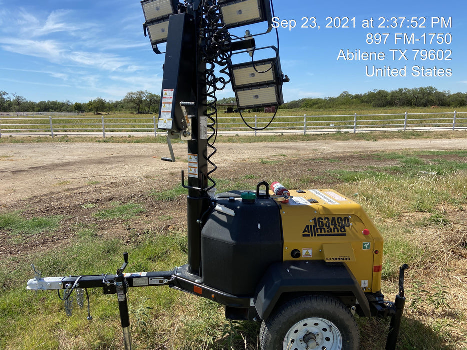 2021 Allmand NLV3GR (4) LED Light Fixture 350W, 23' Vertical Mast, 3kW Prime, Towable, Deep Sea L401, Leveling Jacks, Yanmar T4F 5.8hp