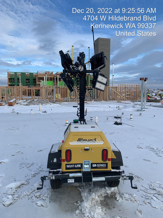 2021 Allmand NLV3GR (4) LED Light Fixture 350W, 23' Vertical Mast, 3kW Prime, Towable, Deep Sea L401, Leveling Jacks, Yanmar T4F 5.8hp