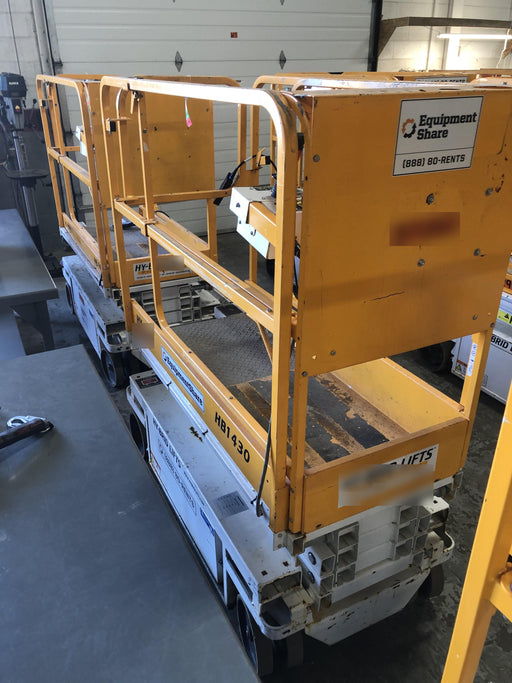 Custom Equipment HB-1430 <ul>
 <li>Hy-Brid Scissor Lift</li>
  <li>Platform capacity up to 670 lbs.</li>
  <li>Working height up to 20 ft</li>
  <li>Weighs under 1,700 lbs.</li>
  <li>Non-marking wheels </li>
</ul>