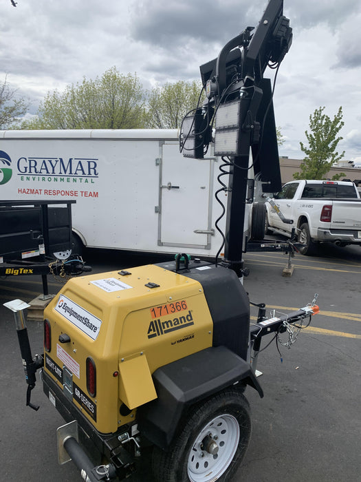 2021 Allmand NLV3GR (4) LED Light Fixture 350W, 23' Vertical Mast, 3kW Prime, Towable, Deep Sea L401, Leveling Jacks, Yanmar T4F 5.8hp