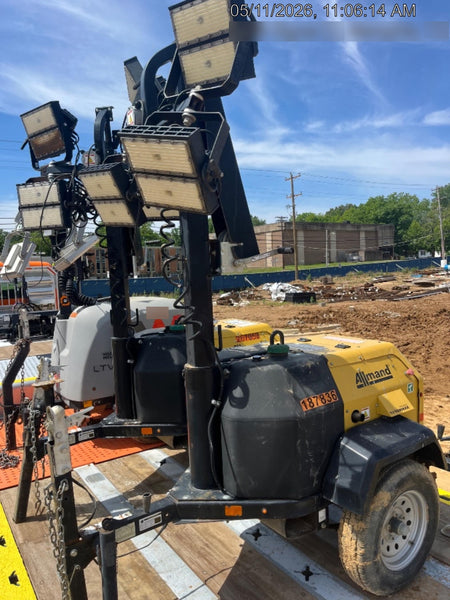 Allmand NLV3GR (4) LED Light Fixture 350W, 23' Vertical Mast, 3kW Prime, Towable, Deep Sea L401, Leveling Jacks, Yanmar T4F 5.8hp