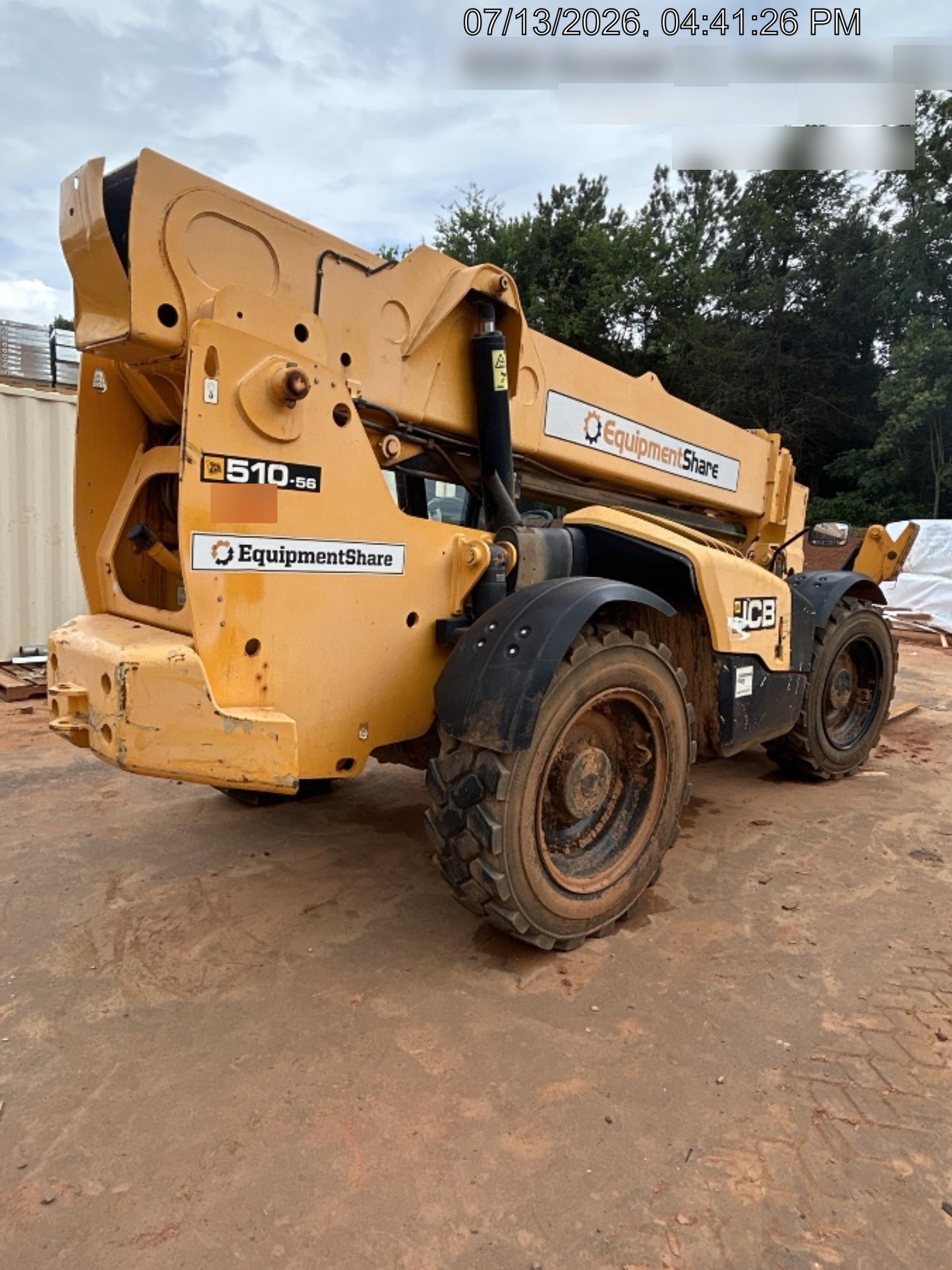 2019 JCB 510-56 Open ROPS, 74 HP, Solid Tires, Worklights, Beacon, Aux Hydraulics, Lifting Eye w/72" Carriage/60" Forks