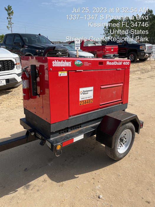 2022 Shindaiwa DGW400MDL Kubota D902 Engine, 23 HP, Dual Op Welder, Wire, Arc, Droop Stick, Tig, and CC Stick Functionality, Simulphase, 3 Phase and 1 Phase Gen Output, Single Axle NB Trlr, Slr Trckl Chrg 12V 12W, Fire Ext