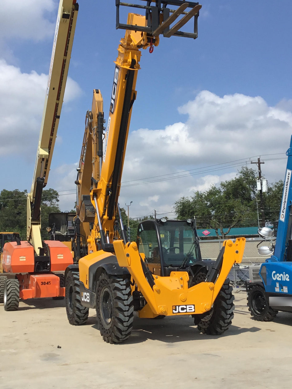 2019 JCB 510-56 Enclosed Cab, 74 HP, Solid Tires, Worklights, Beacon, Aux Hydraulics, Lifting Eye w/66" Carriage/60" Forks