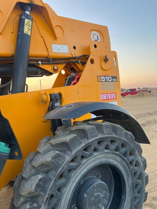 2019 JCB 510-56 74 HP w/Open ROPS, Beacon, Aux Hydraulics, Worklights, Solid Tires w/60" Carriage/Forks