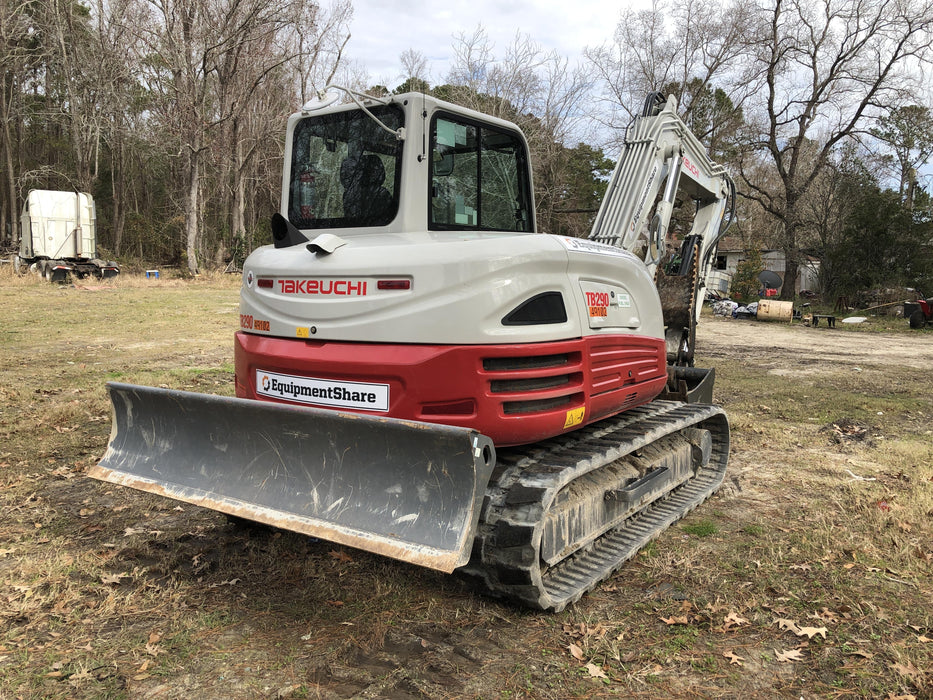 2019 Takeuchi TB290 Cab, AC, Rubber Tracks, Dozer Blade, Travel Alarm, Control Pattern Change Valve, Auxiliary Hydraulics w/18" Quick Coupler Bucket with teeth, 6.2 cu. ft. capacity/24" Quick Coupler Bucket with teeth, 8.6 cu. ft. capacity/36" Quick Coupler Bucket with teeth, 13.4 cu. ft. capacity, Quick Coupler, Hydraulic Thumb Installed