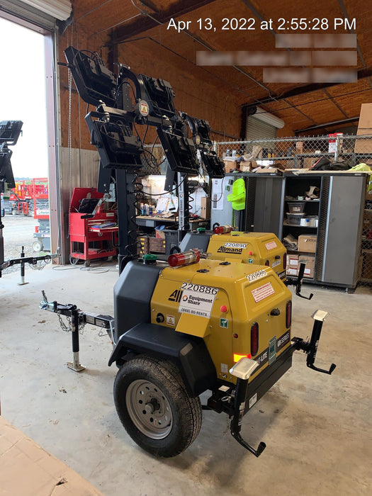 2022 Allmand NLV3GR (4) LED Light Fixture 350W, 23' Vertical Mast, 3kW Prime, Towable, Deep Sea L401, Leveling Jacks, Yanmar T4F 5.8hp