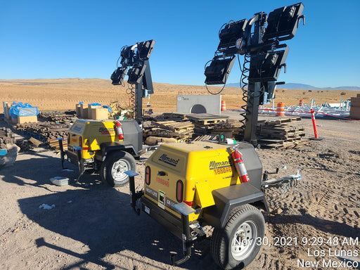 2021 Allmand NLV3GR (4) LED Light Fixture 350W, 23' Vertical Mast, 3kW Prime, Towable, Deep Sea L401, Leveling Jacks, Yanmar T4F 5.8hp