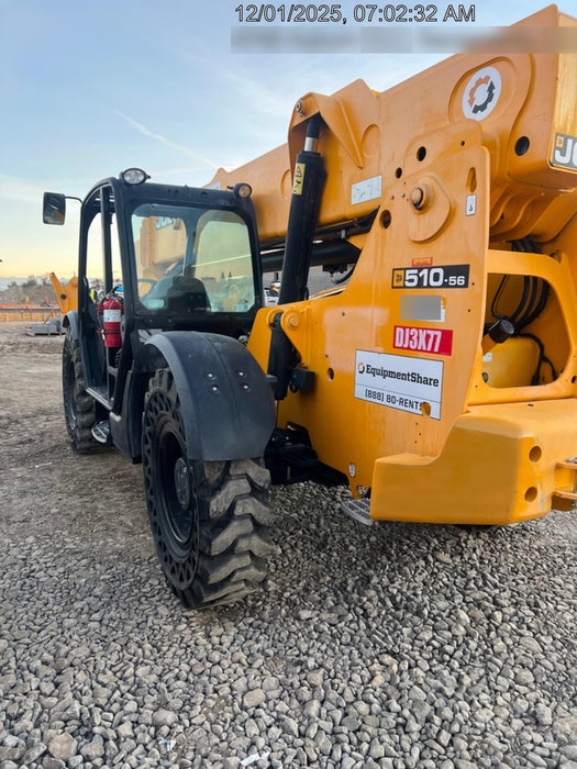 2019 JCB 510-56 74 HP w/Open ROPS, Beacon, Aux Hydraulics, Worklights, Solid Tires w/60" Carriage/Forks