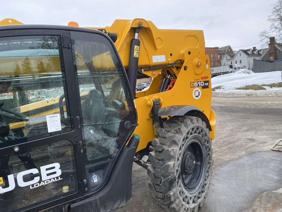 2020 JCB 510-56 Cab/Heat/Air, 74 HP, Solid Tires, STD Worklight, Beacon, Aux Hydraulics, Lifting Eye, Back up Alarm w/66" Carriage/60" Forks
