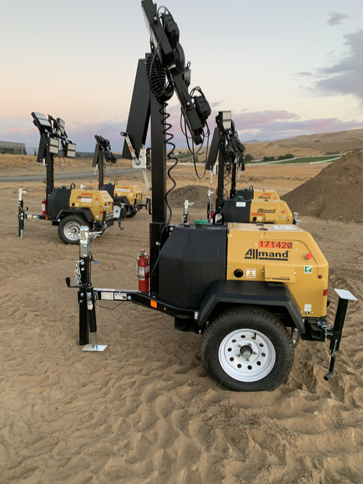 2021 Allmand NLV3GR (4) LED Light Fixture 350W, 23' Vertical Mast, 3kW Prime, Towable, Deep Sea L401, Leveling Jacks, Yanmar T4F 5.8hp