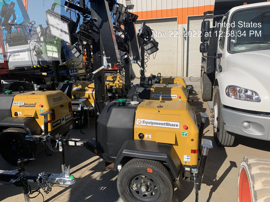 2022 Allmand NLV3GR (4) LED Light Fixture 350W, 23' Vertical Mast, 3kW Prime, Towable, Deep Sea L401, Leveling Jacks, Yanmar T4F 5.8hp