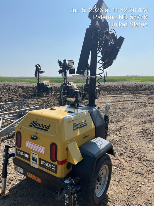 2022 Allmand NLV3GR (4) LED Light Fixture 350W, 23' Vertical Mast, 3kW Prime, Towable, ES Decals, T3