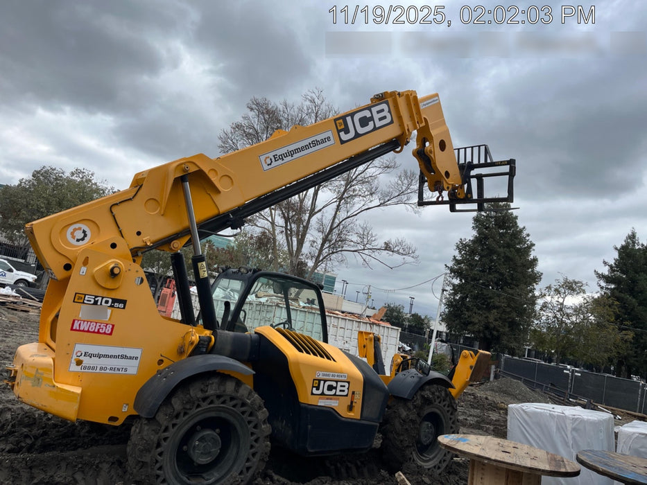2019 JCB 510-56 Open ROPS, 74 HP, Solid Tires, Worklights, Beacon, Aux Hydraulics, Lifting Eye w/66" Carriage/60" Forks