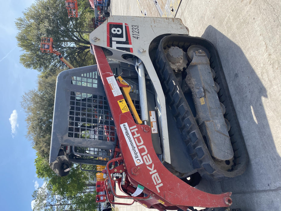 2019 Takeuchi TL8 Canopy, 15" Wide Rubber Tracks, Back-up Alarm, Front & Rear Working Lights, Auxiliary Hydraulics, Two-Speed Travel, Electronic Monitoring System 76" HD Smooth Dirt Bucket with Bolt-On Edge, 20.3 cubic feet Capacity