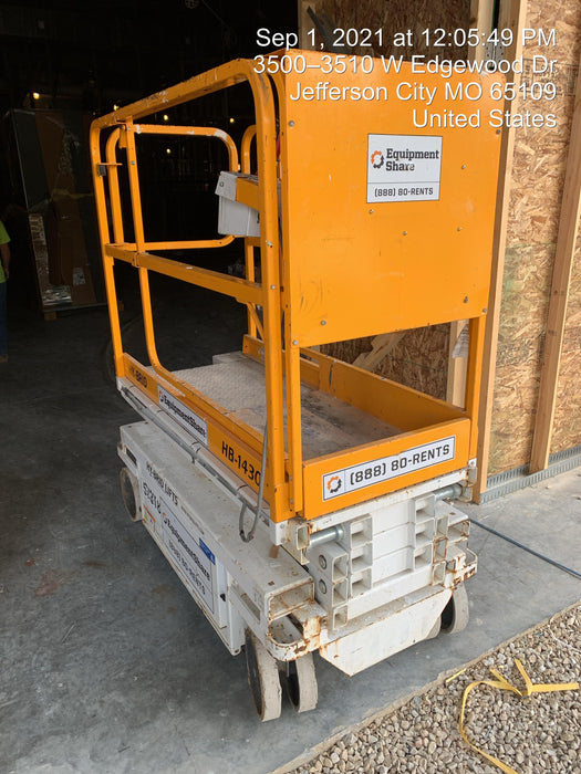 Custom Equipment HB-1430 <ul>
 <li>Hy-Brid Scissor Lift</li>
  <li>Platform capacity up to 670 lbs.</li>
  <li>Working height up to 20 ft</li>
  <li>Weighs under 1,700 lbs.</li>
  <li>Non-marking wheels </li>
</ul>